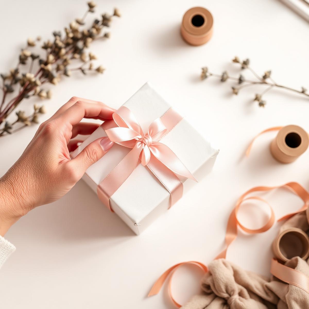 Hands wrapping a baby gift box with blush ribbon