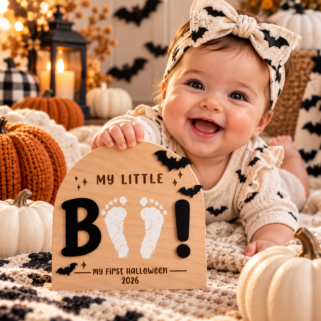 Baby with a finished Halloween footprint keepsake (illustrative)