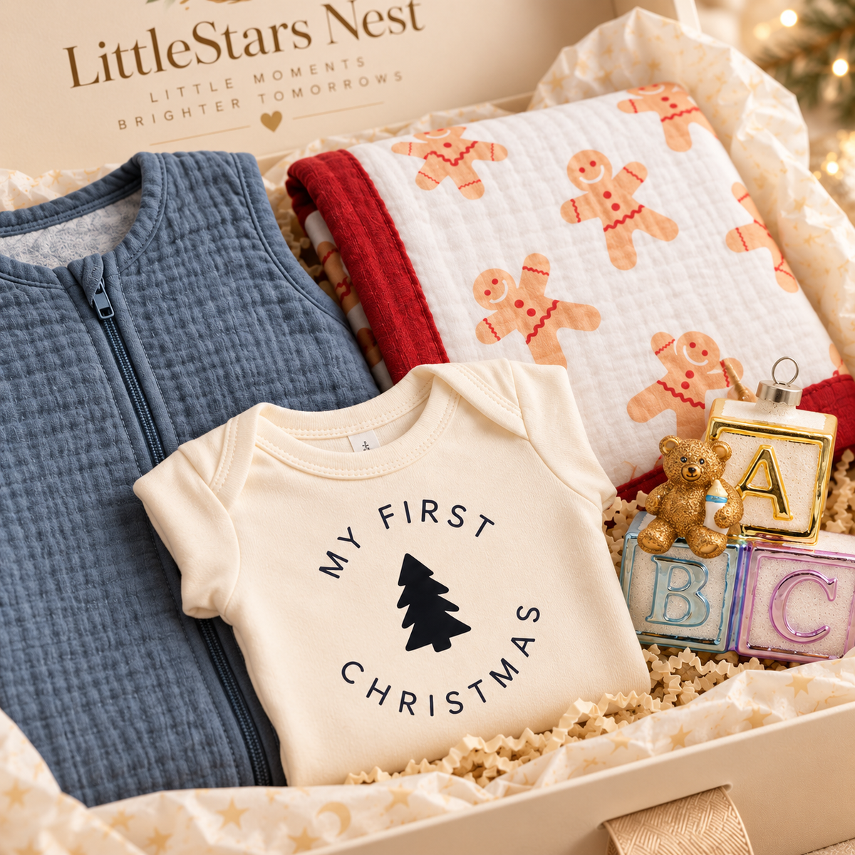 Close-up of the sleep sack, My First Christmas bodysuit, quilt and glass ornament