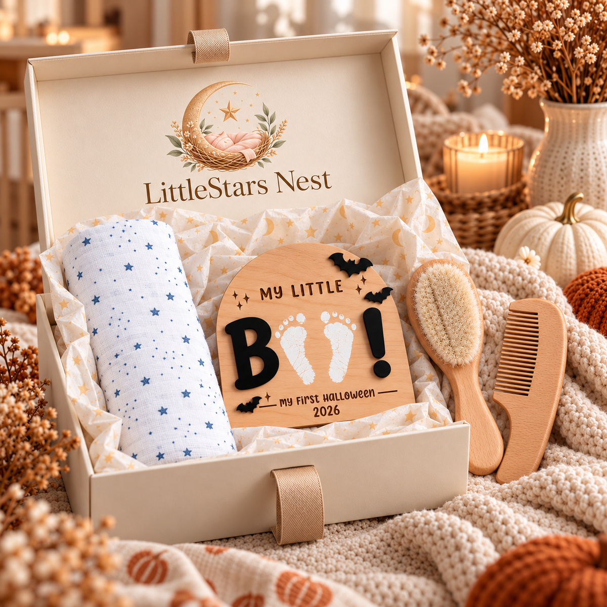Baby's First Halloween Box styled as a gift, keepsake shown finished (example)