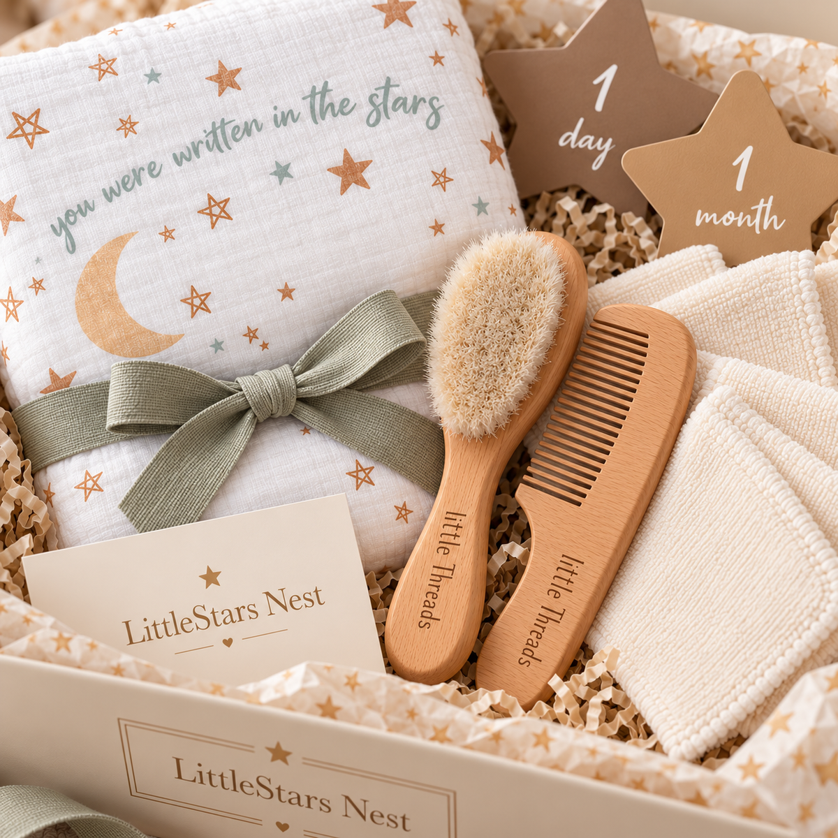 Close-up of the Little Star Box swaddle, brush and comb, and wash cloths