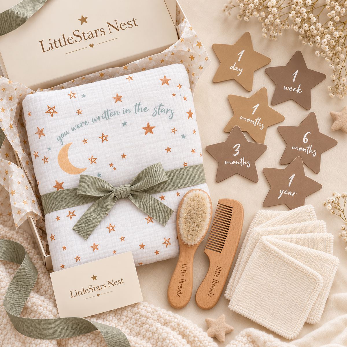 Little Star Box contents laid flat: swaddle, milestone cards, wash cloths, brush and comb, gift card