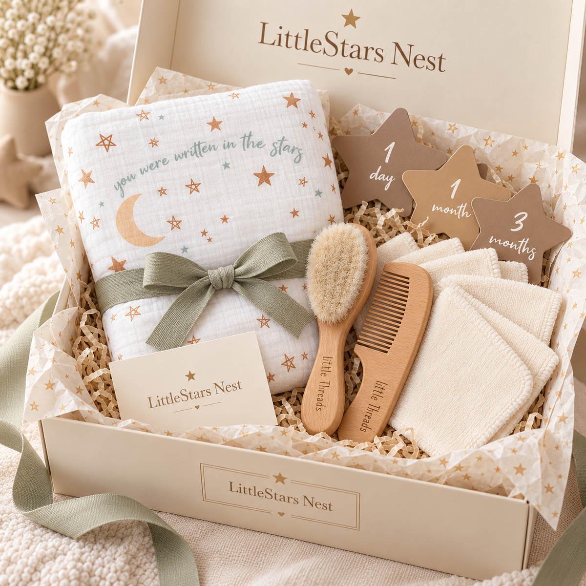 Little Star Box open ivory gift box with swaddle and milestone cards, wash cloths, wooden brush and comb, and gift card