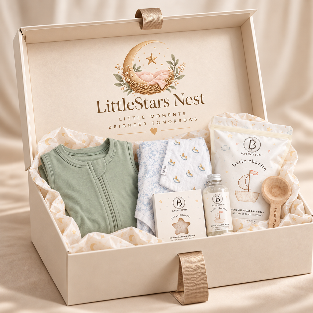 LittleStars Luxe gift box with sleep sack, quilt and Bathorium bath gift set