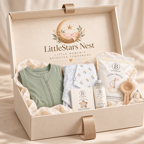 LittleStars Luxe gift box with sleep sack, quilt and Bathorium bath gift set