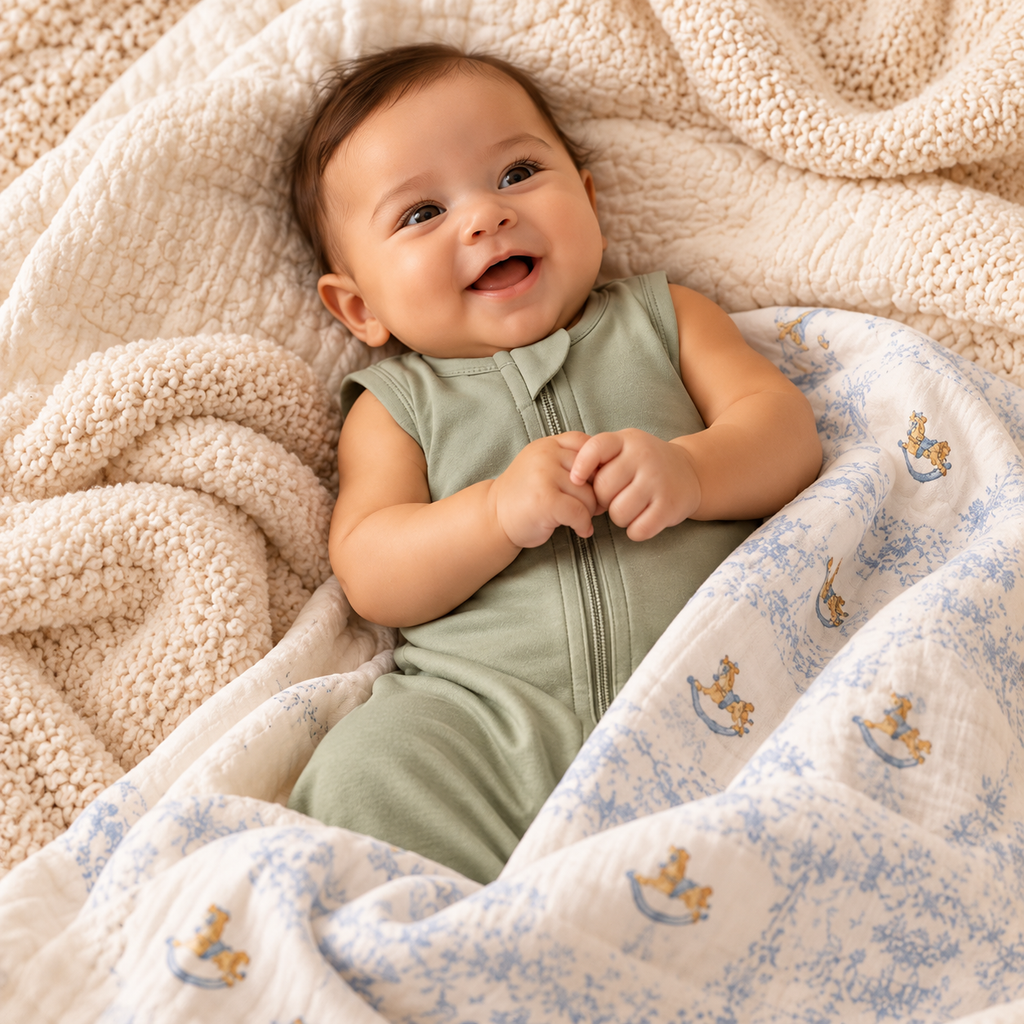 Baby with LittleStars Luxe quilt and sleep sack (illustrative)