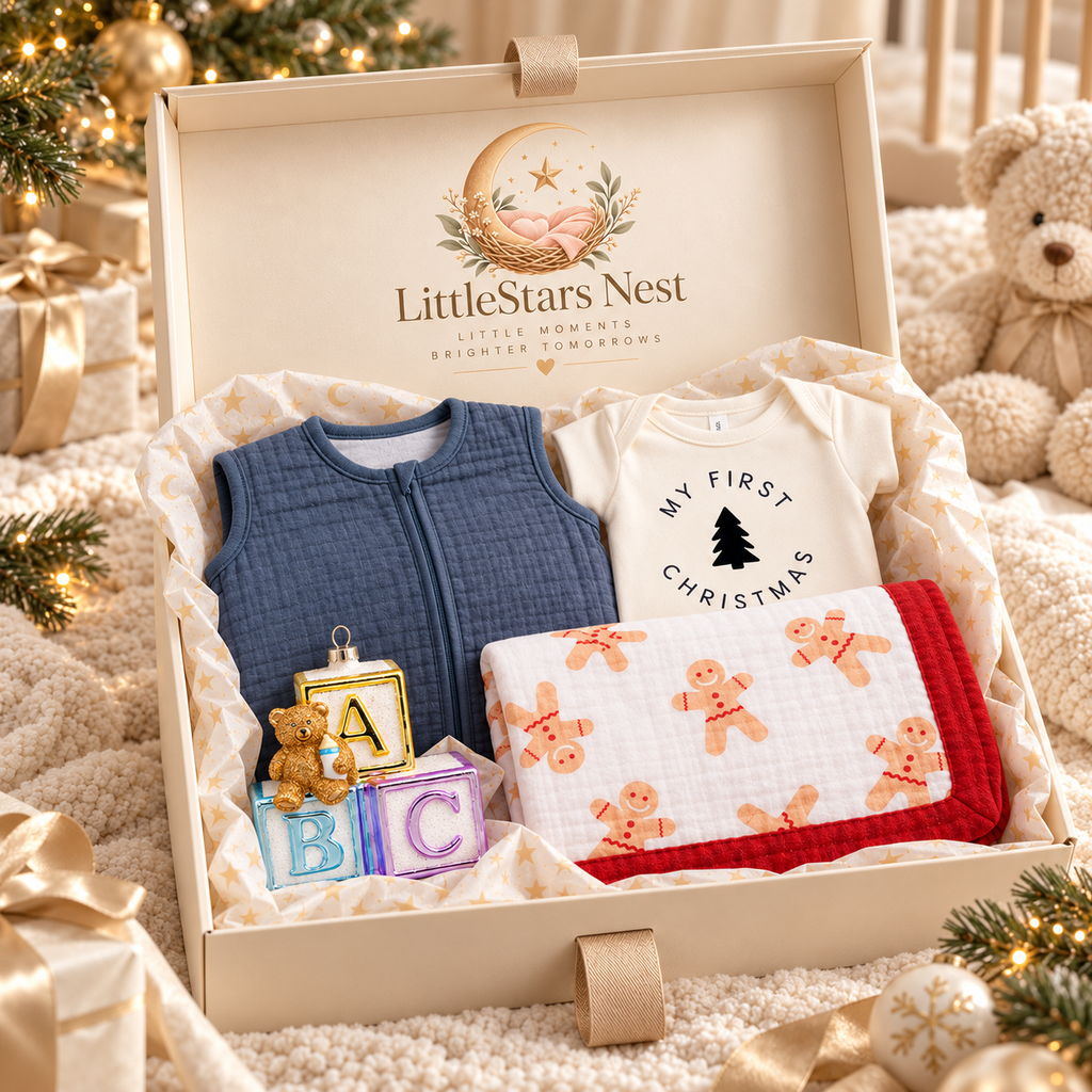 Baby's First Christmas Box styled with festive greenery and a teddy bear