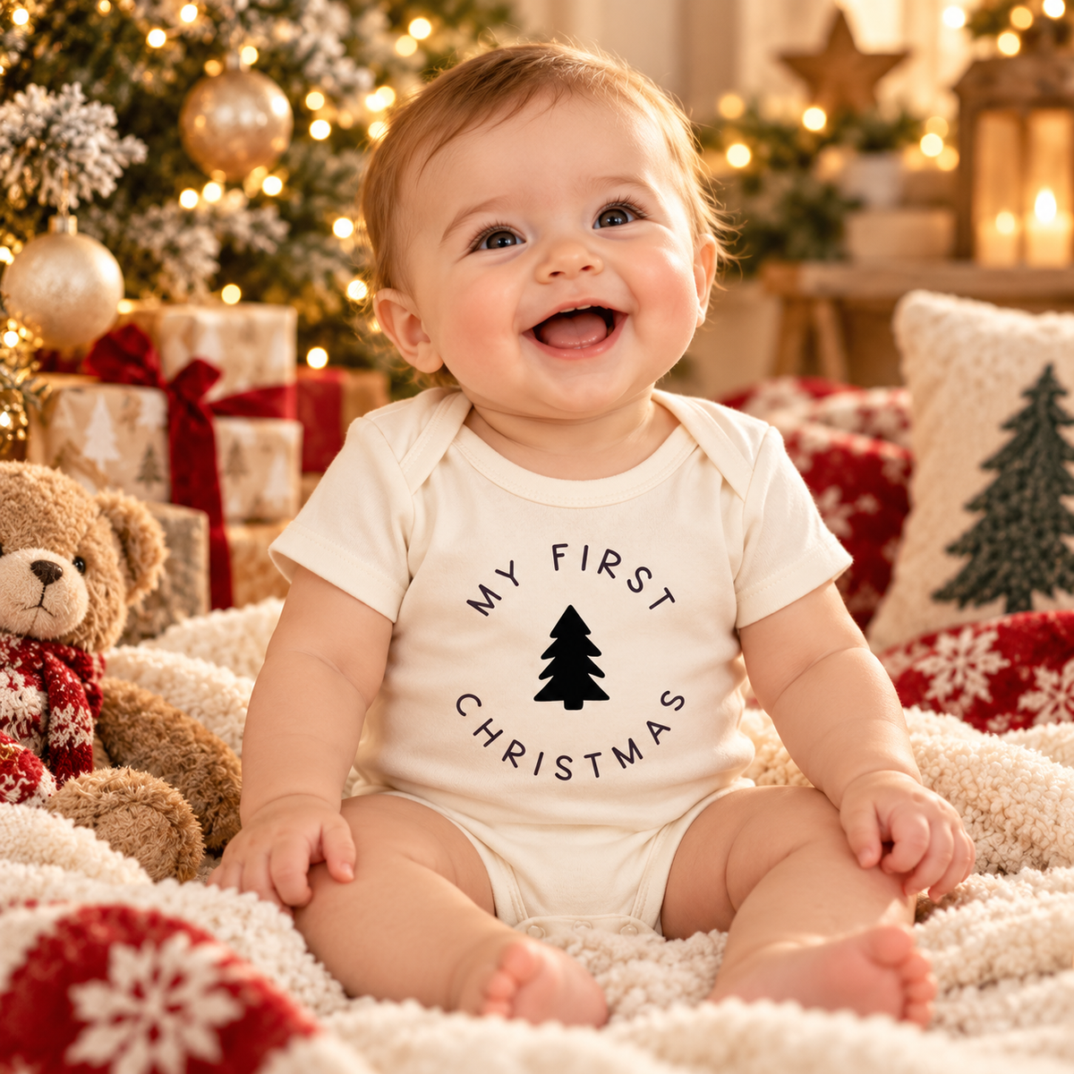 Smiling baby in a My First Christmas bodysuit