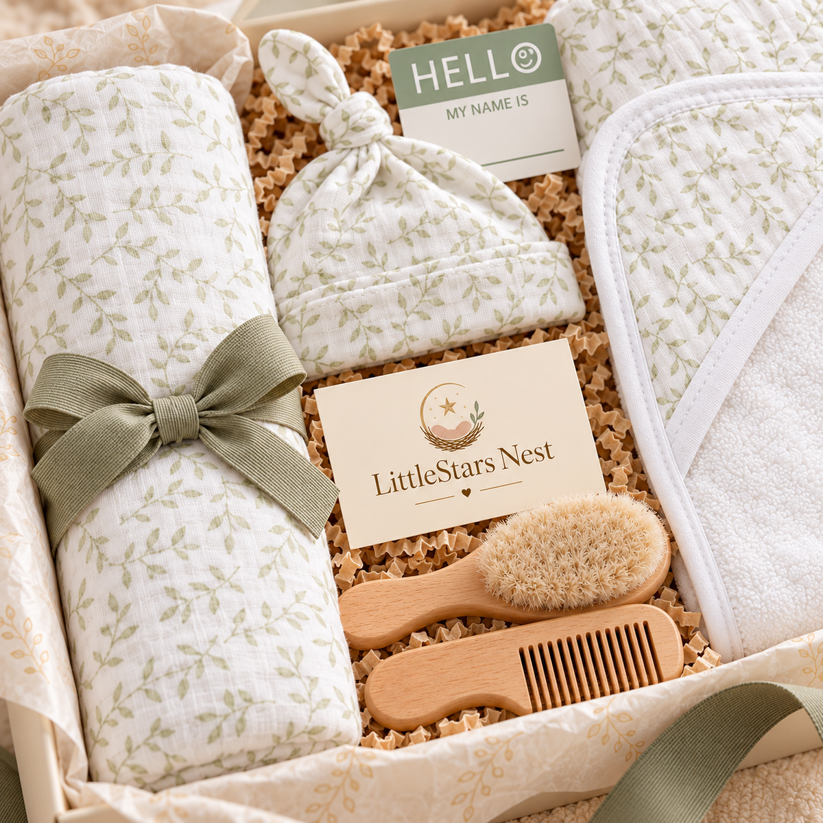Close-up of the Welcome Home Box newborn set in Greenery