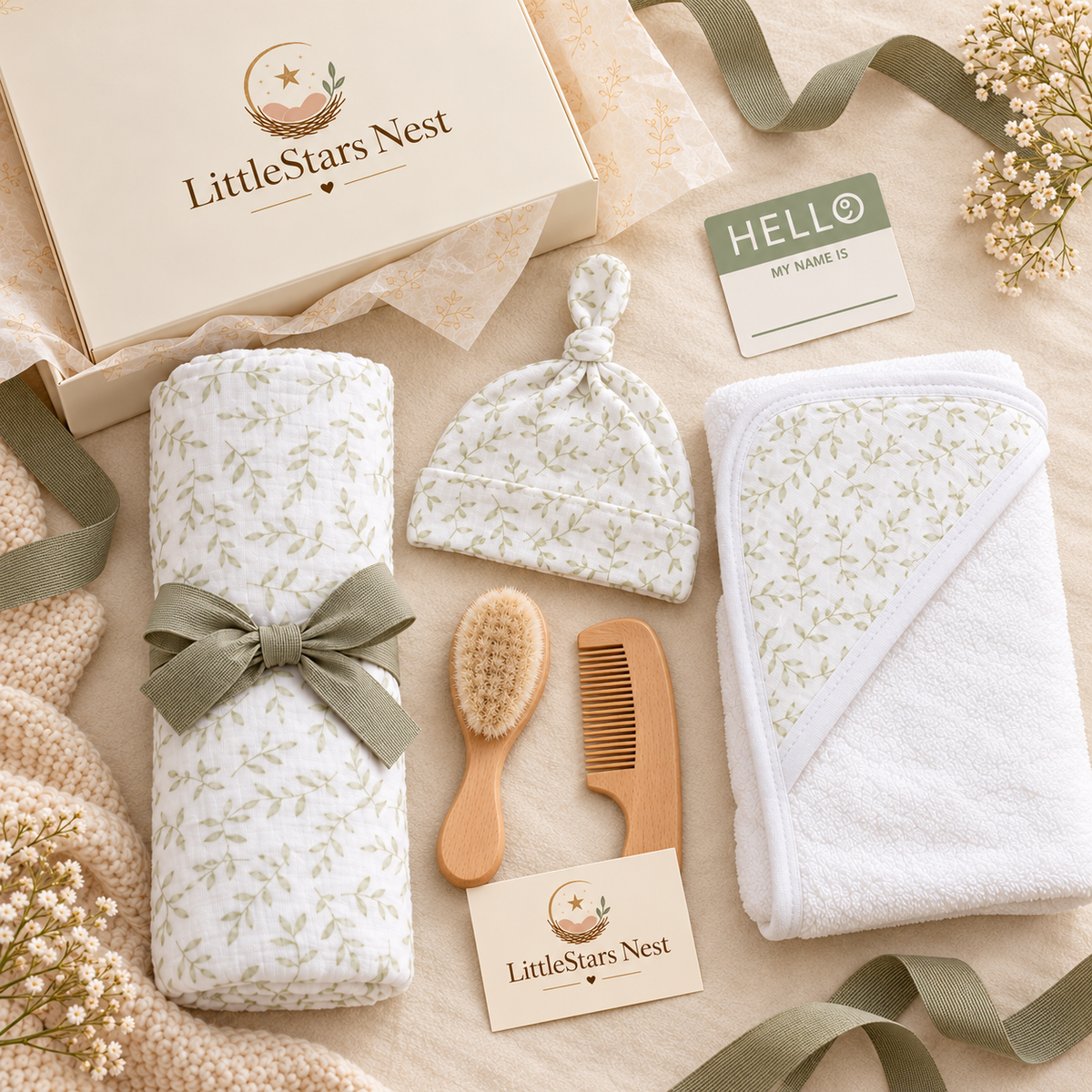Welcome Home Box contents: newborn set, hooded towel, wooden brush and comb