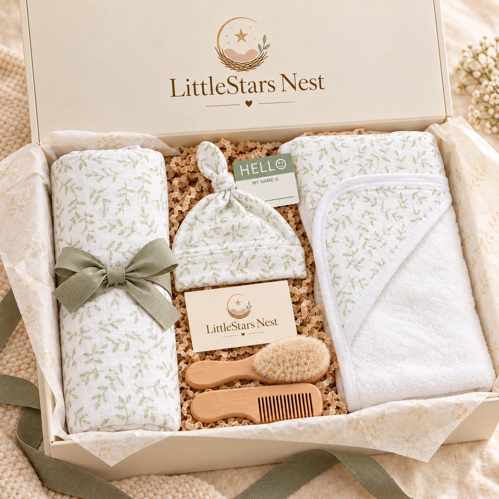 LittleStars Nest Welcome Home Box in an ivory gift box with sage ribbon