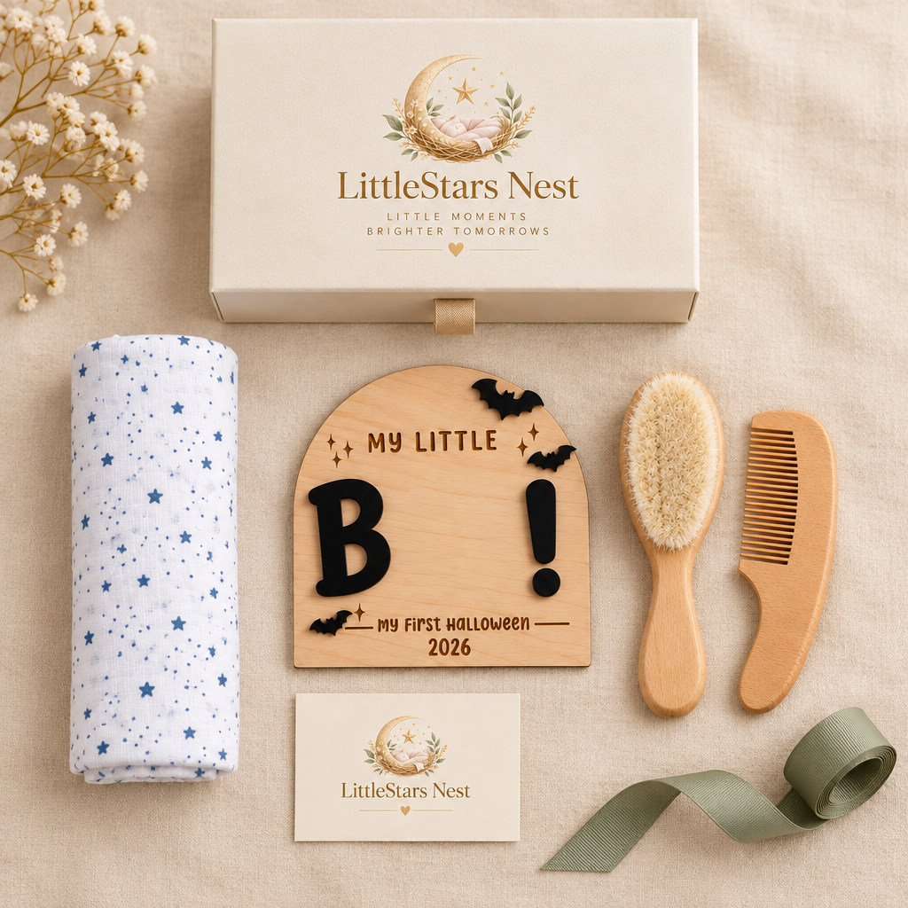 Baby's First Halloween Box contents flat lay: blank keepsake sign, swaddle, brush and comb, gift card, sage ribbon