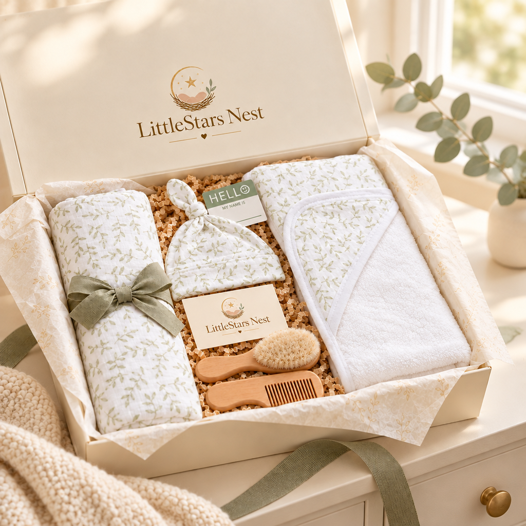 Welcome Home Box on a nursery shelf beside a knit blanket and eucalyptus, lid open
