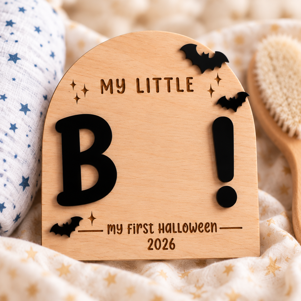 Close-up of the blank arched birch footprint keepsake sign with black bats