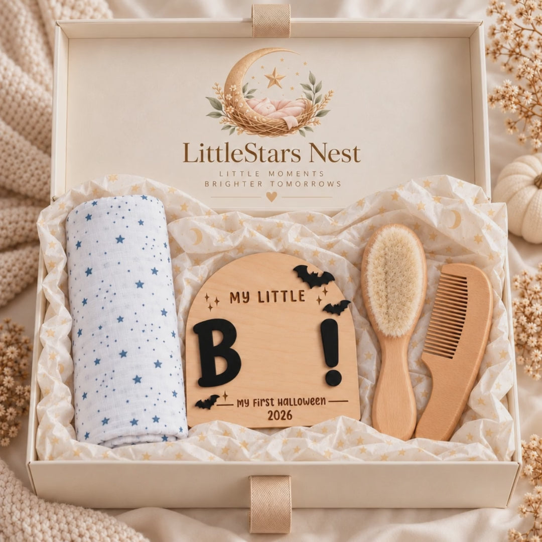 Baby's First Halloween Box with the blank wooden footprint keepsake, short product clip