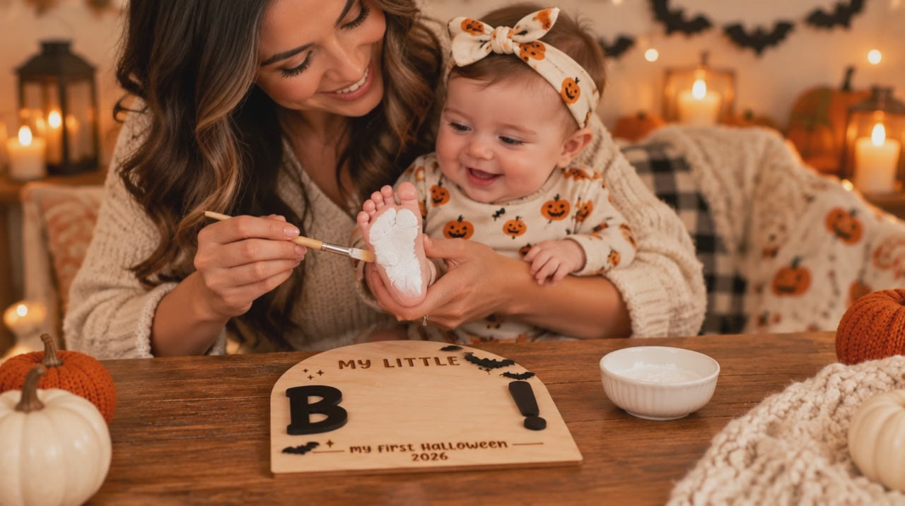 Parent and baby making footprints on the Halloween keepsake (illustrative experience clip)